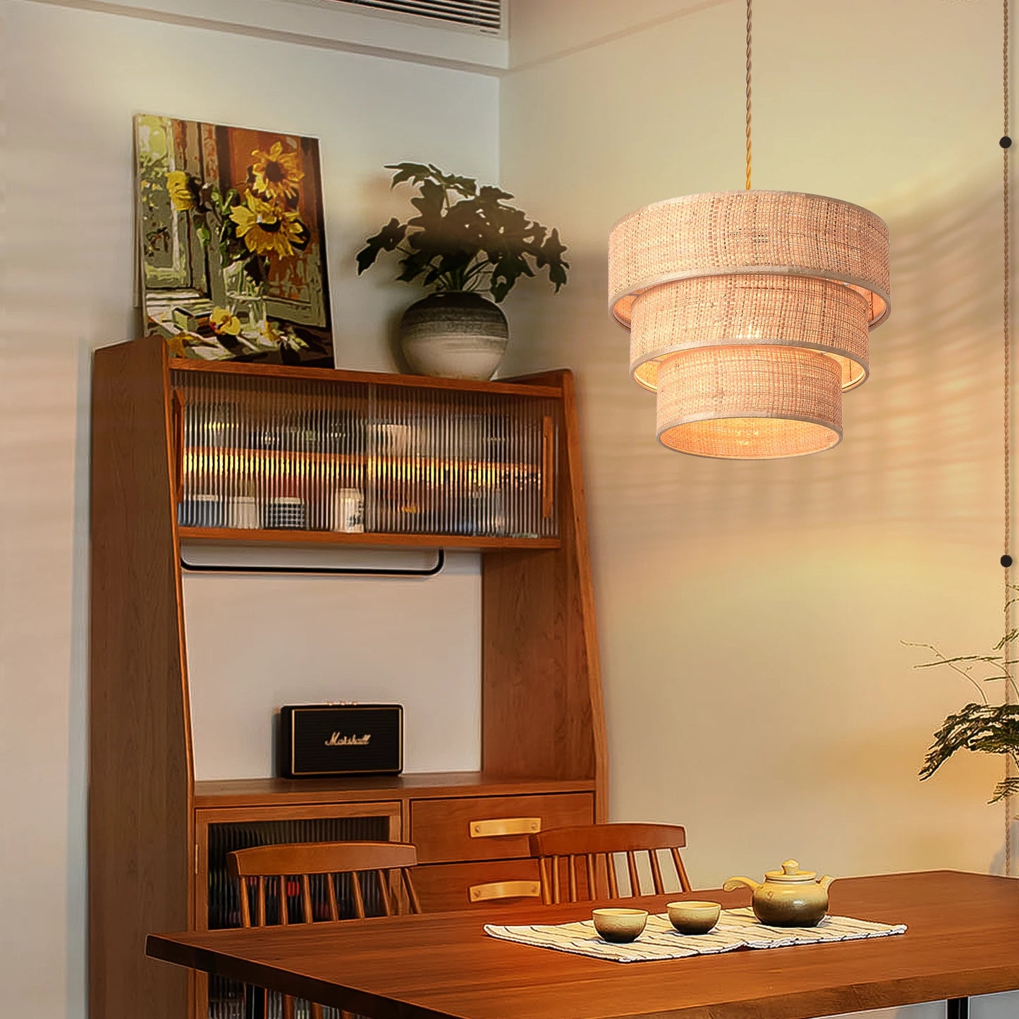 Artisanal 3-Tier Rattan Plug-In Chandelier