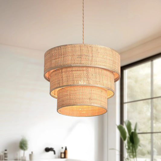 Artisanal 3-Tier Rattan Plug-In Chandelier