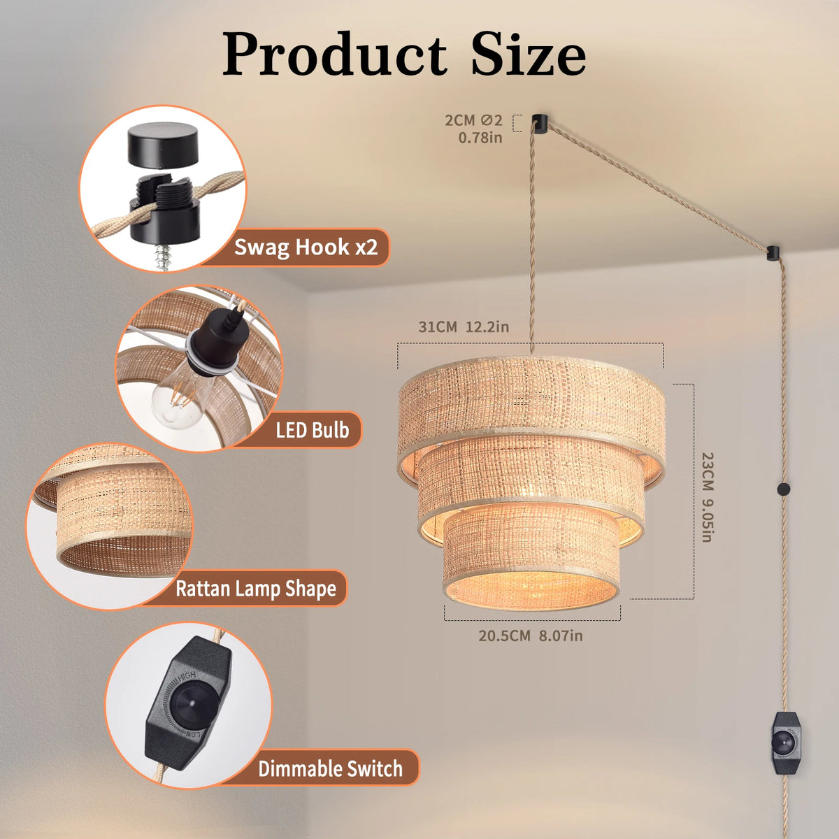 Artisanal 3-Tier Rattan Plug-In Chandelier