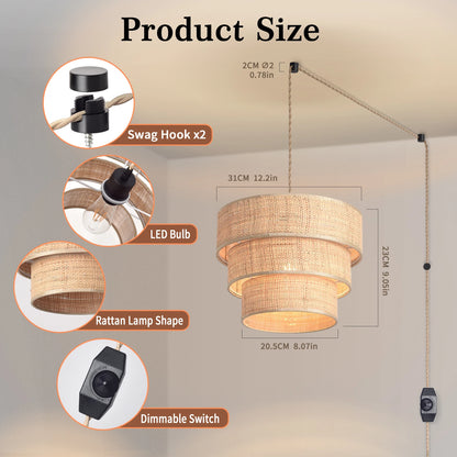 Artisanal 3-Tier Rattan Plug-In Chandelier