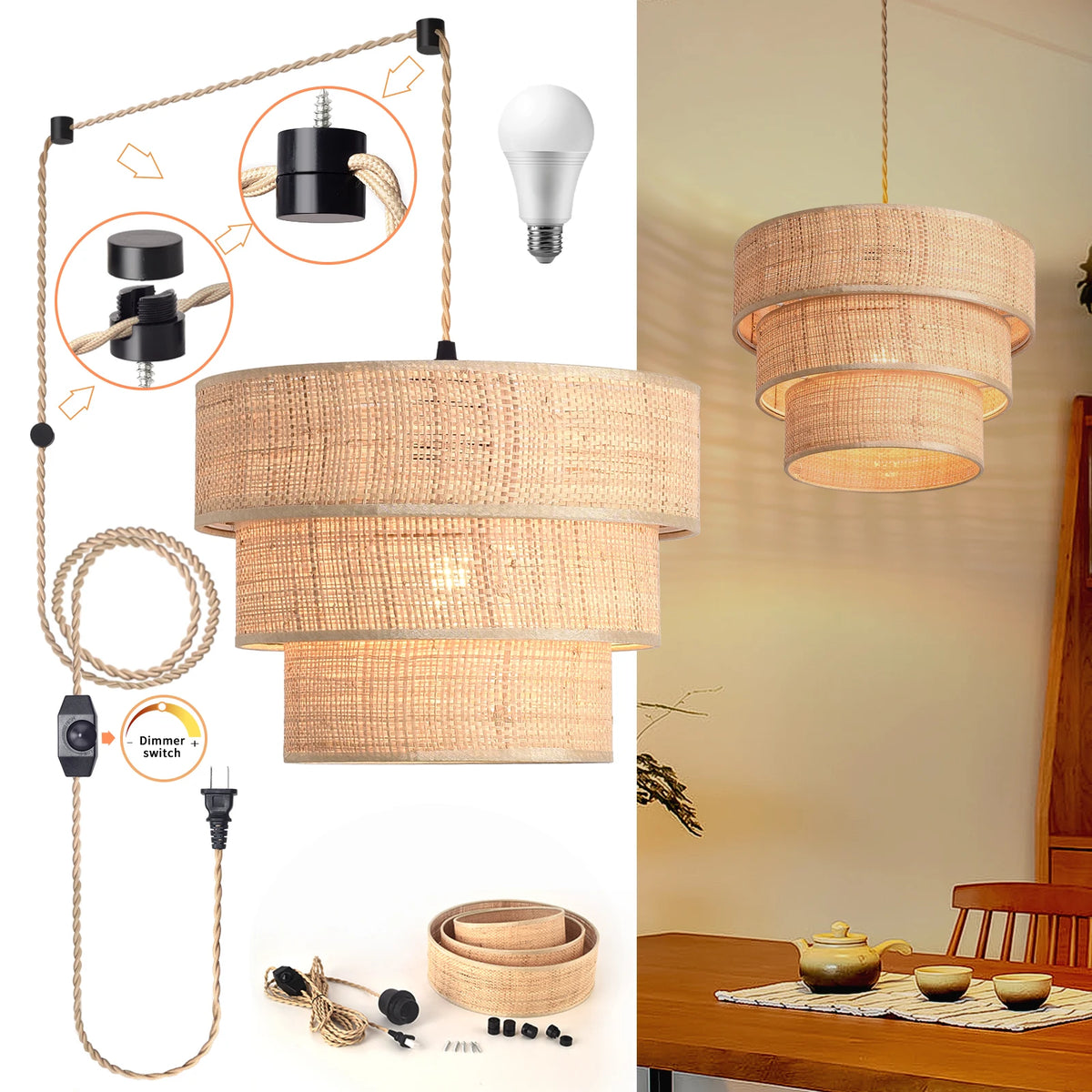 Artisanal 3-Tier Rattan Plug-In Chandelier