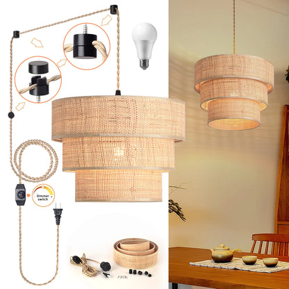 Artisanal 3-Tier Rattan Plug-In Chandelier
